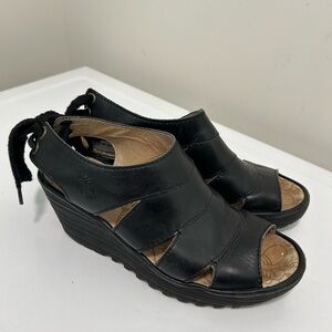 Fly London Yown Leather Wedge Sandals Black Size 8 - 8.5 US 39 EU